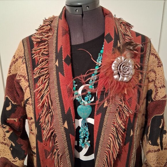 Vintage 90's Black Fringe Concho Jacket M/L - necklace and Rose Feather pin - Picture 4 of 10